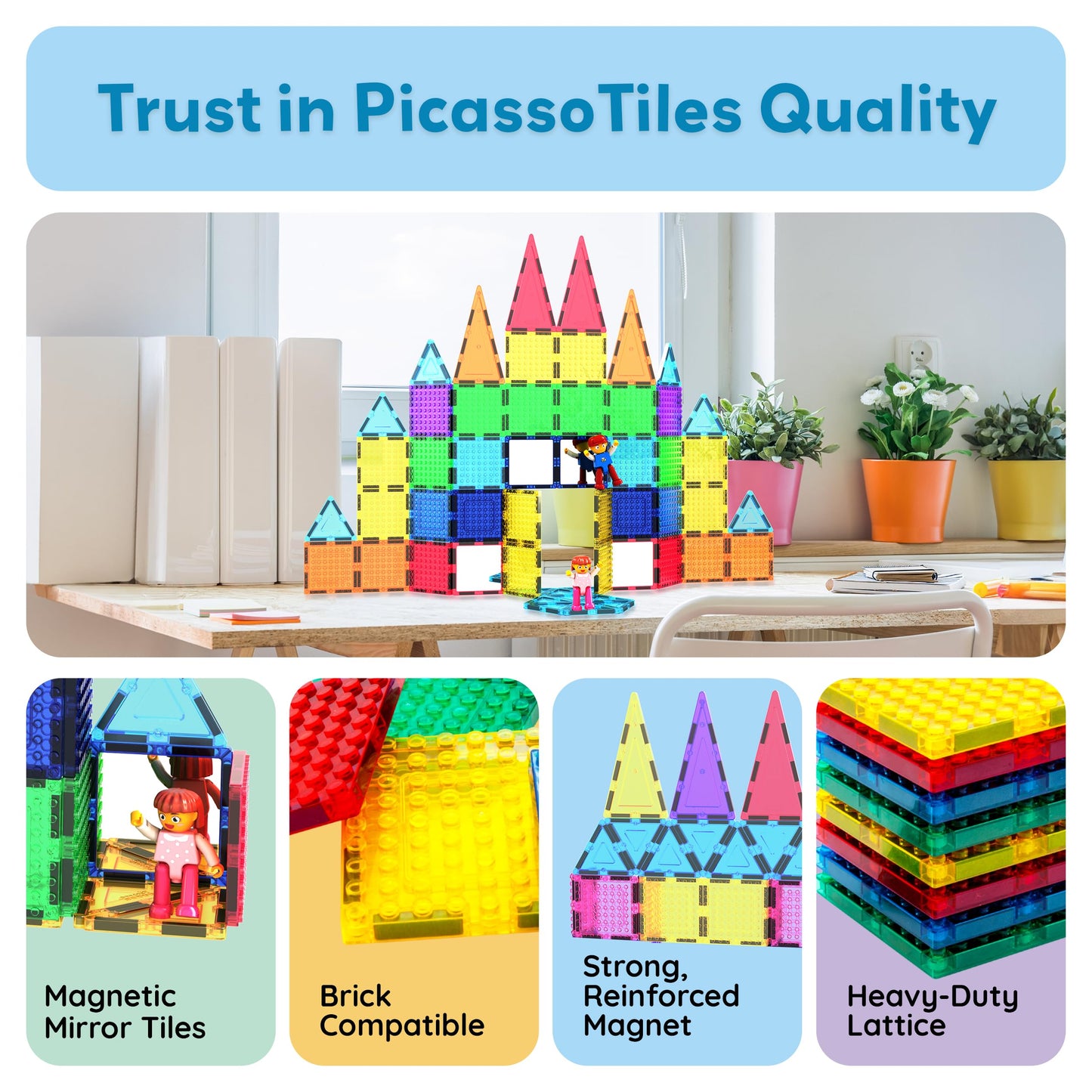 PicassoTiles 63pc Magnetic Tile Building Set with 2 Figures – STEM 3D Construction Toy for Kids Aged 3+