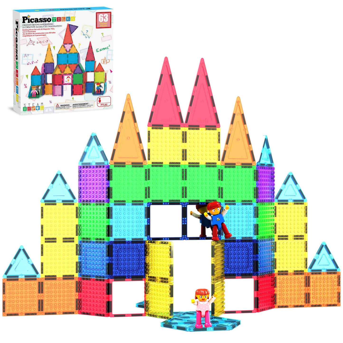 PicassoTiles 63pc Magnetic Tile Building Set with 2 Figures – STEM 3D Construction Toy for Kids Aged 3+