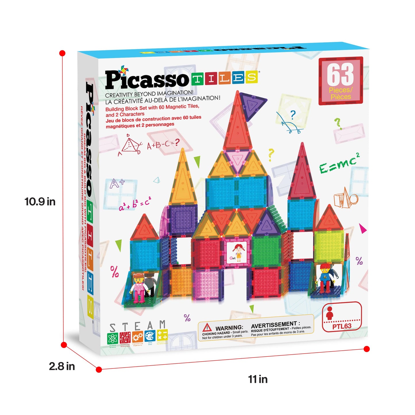 PicassoTiles 63pc Magnetic Tile Building Set with 2 Figures – STEM 3D Construction Toy for Kids Aged 3+
