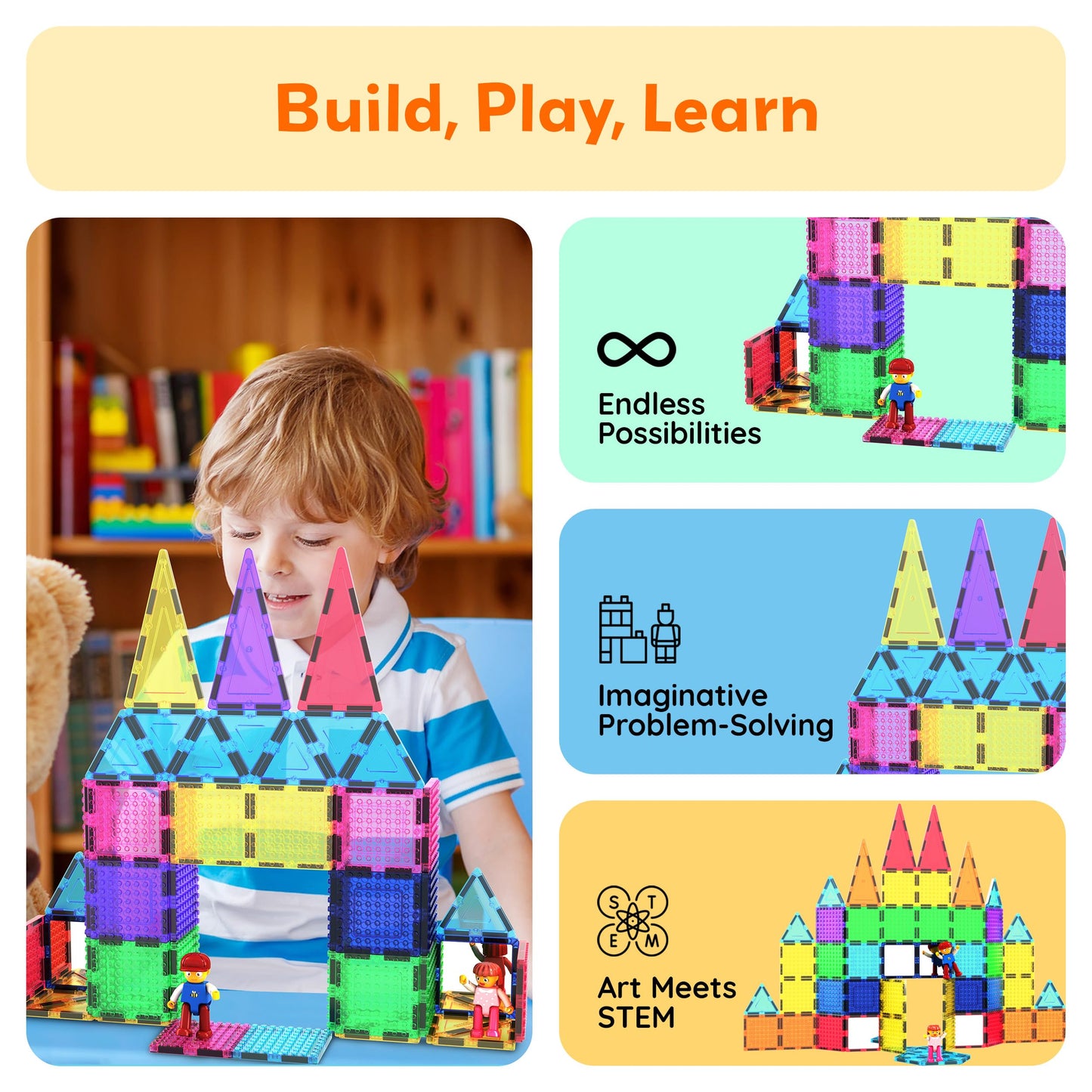 PicassoTiles 63pc Magnetic Tile Building Set with 2 Figures – STEM 3D Construction Toy for Kids Aged 3+