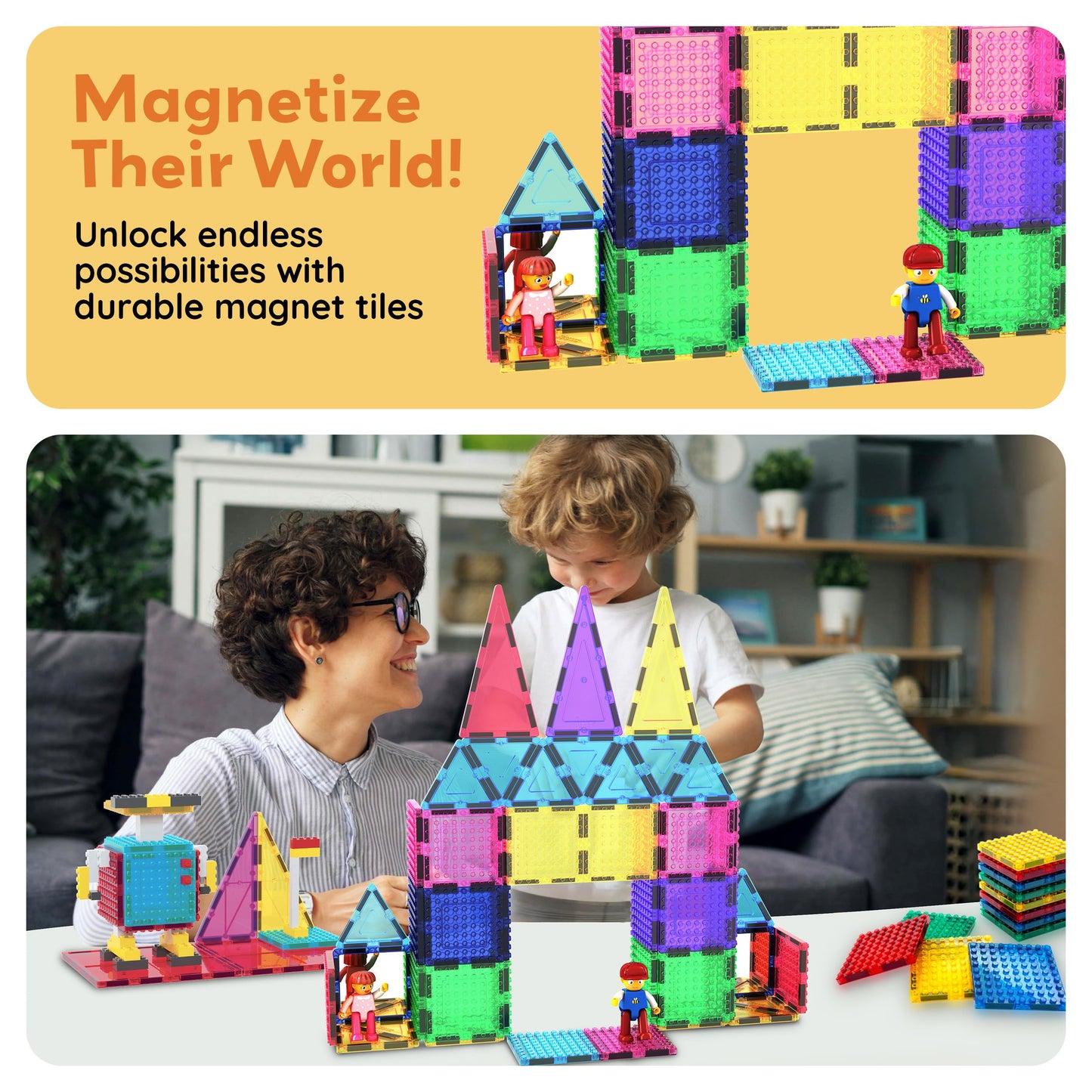 PicassoTiles 63pc Magnetic Tile Building Set with 2 Figures – STEM 3D Construction Toy for Kids Aged 3+
