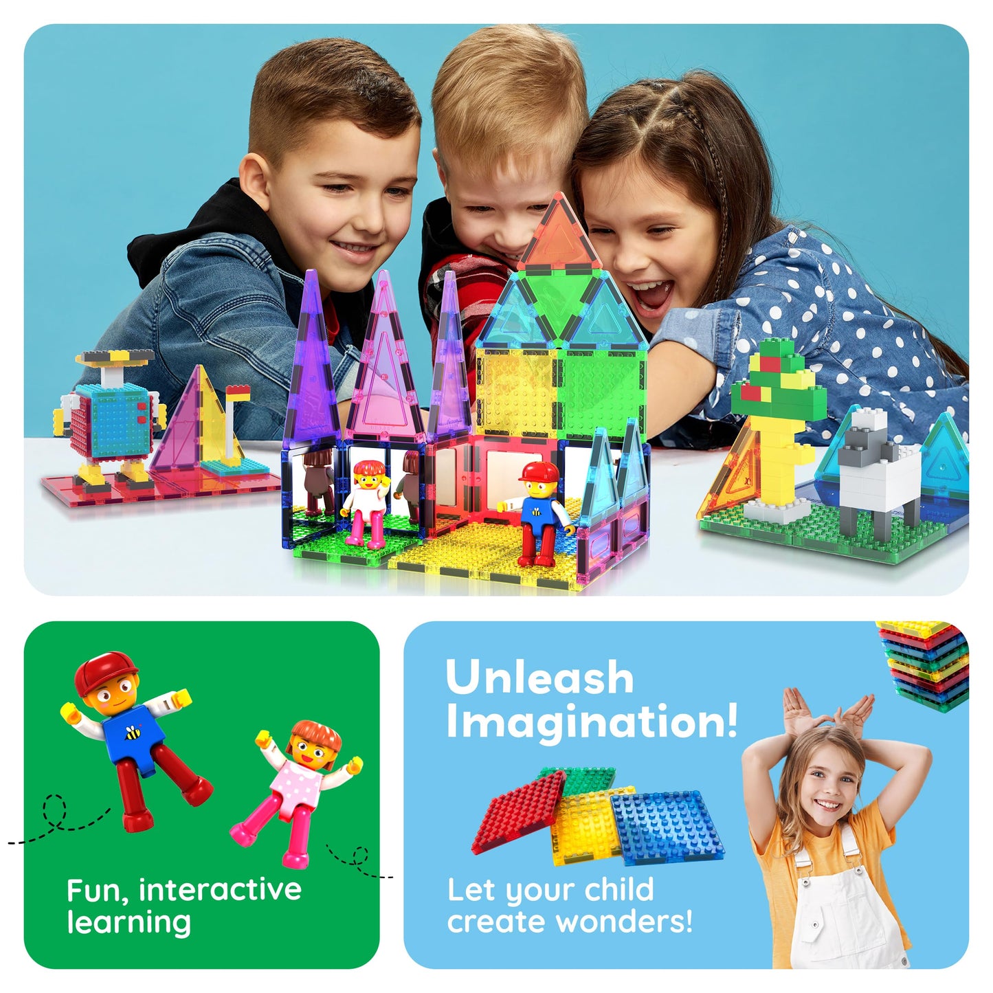 PicassoTiles 63pc Magnetic Tile Building Set with 2 Figures – STEM 3D Construction Toy for Kids Aged 3+
