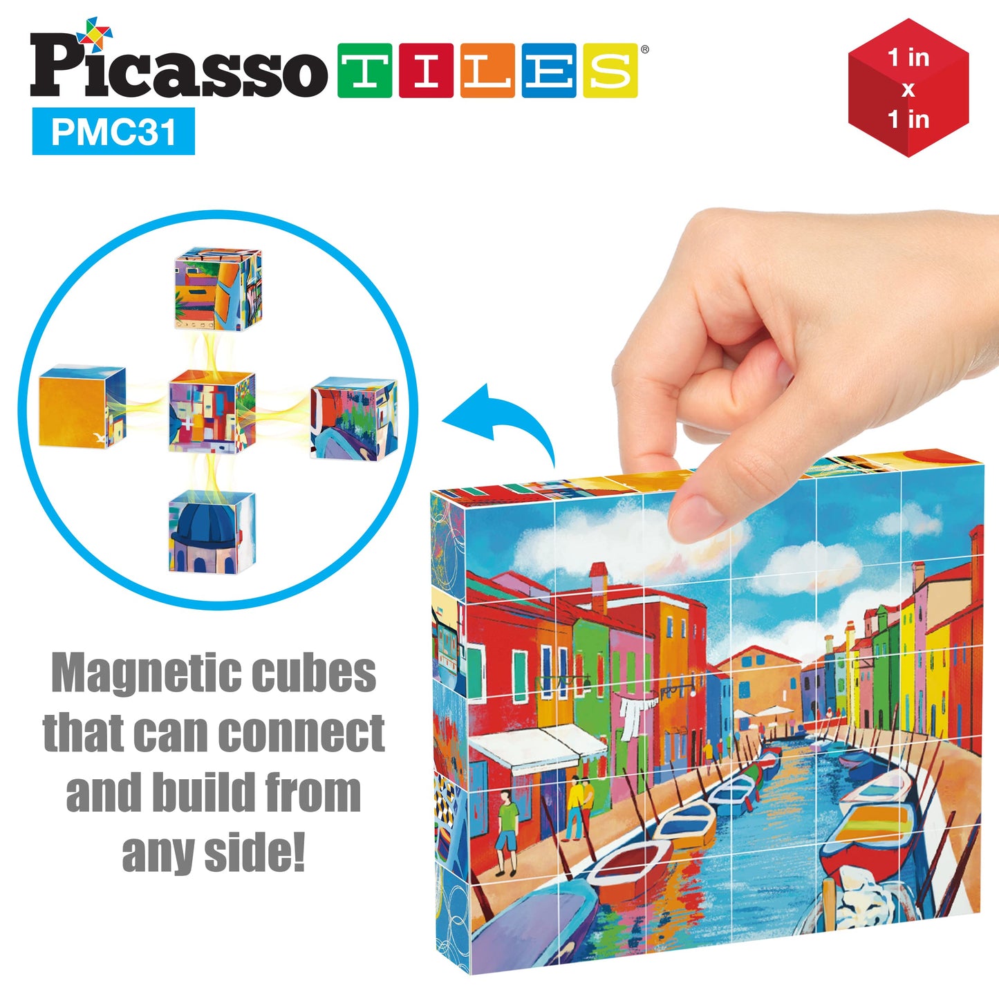 PicassoTiles 6-in-1 World Famous Painting Puzzles – Magnetic Cubes Toy for Kids (Park Guell, Eiffel Tower, Santorini)