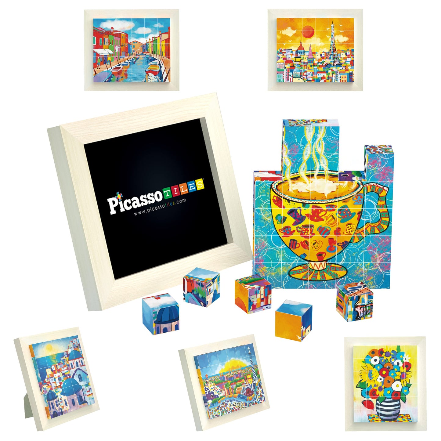 PicassoTiles 6-in-1 World Famous Painting Puzzles – Magnetic Cubes Toy for Kids (Park Guell, Eiffel Tower, Santorini)