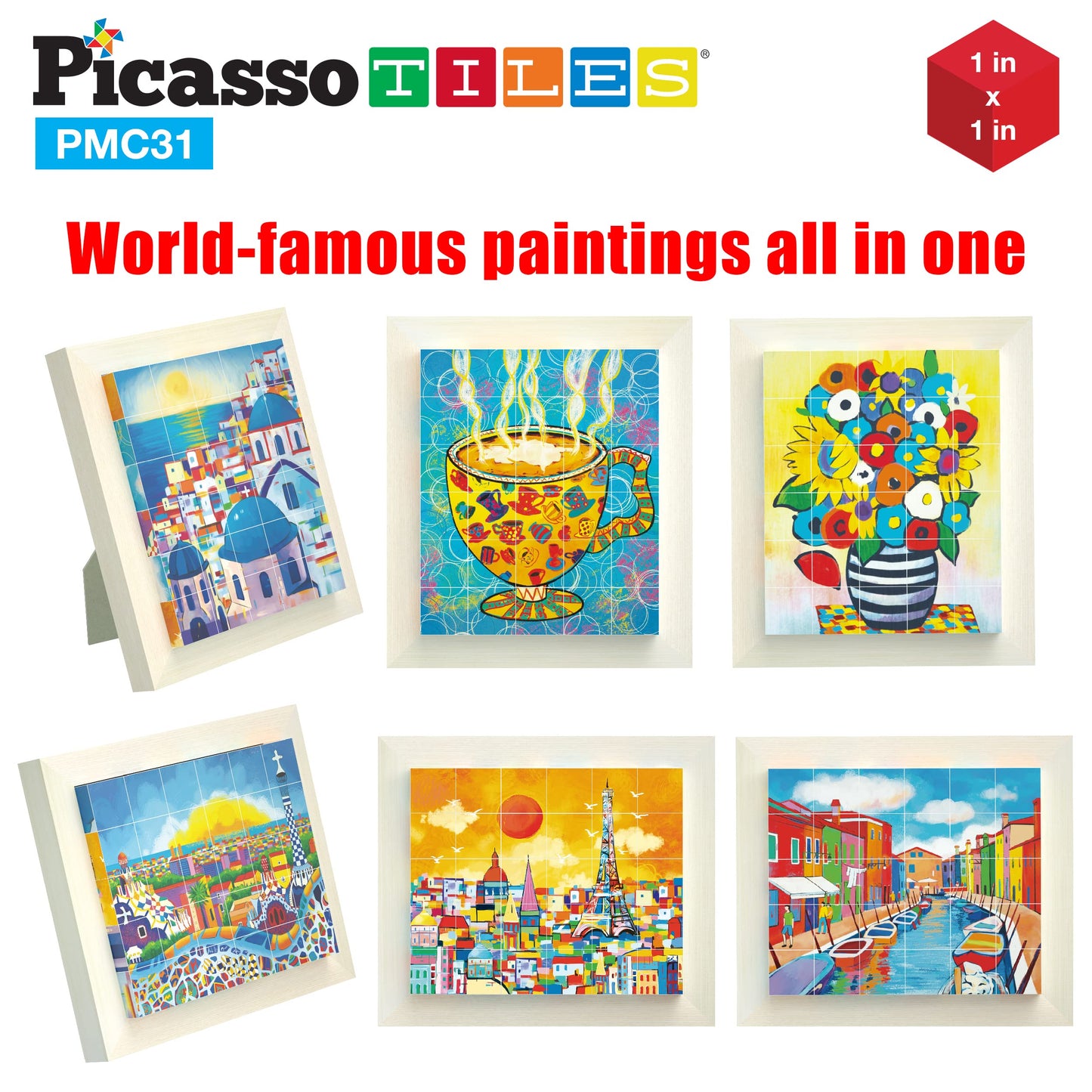 PicassoTiles 6-in-1 World Famous Painting Puzzles – Magnetic Cubes Toy for Kids (Park Guell, Eiffel Tower, Santorini)