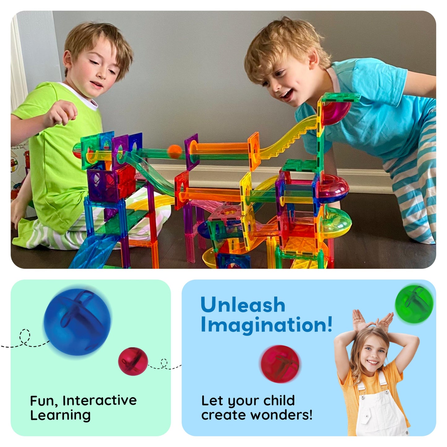 PicassoTiles 70pc Marble Run Magnetic Tiles STEM Set for Kids 3+