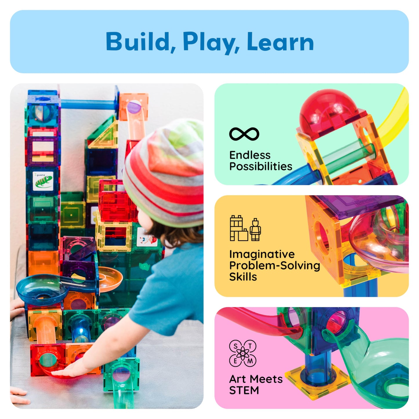 PicassoTiles 70pc Marble Run Magnetic Tiles STEM Set for Kids 3+