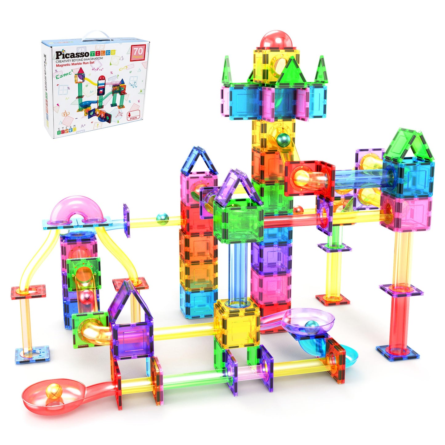 PicassoTiles 70pc Marble Run Magnetic Tiles STEM Set for Kids 3+