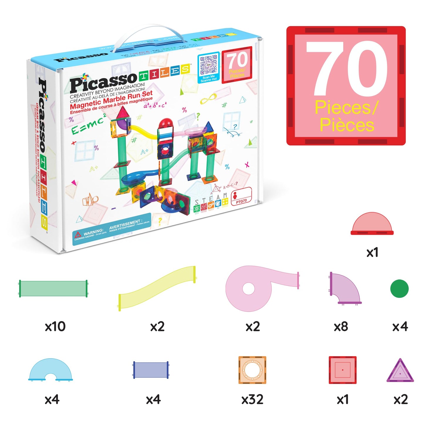 PicassoTiles 70pc Marble Run Magnetic Tiles STEM Set for Kids 3+