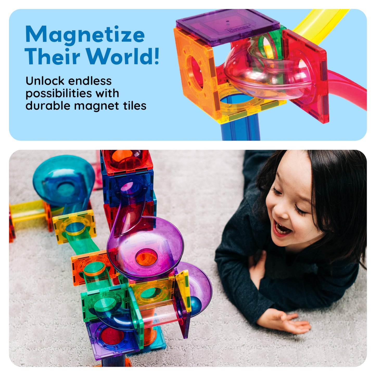 PicassoTiles 70pc Marble Run Magnetic Tiles STEM Set for Kids 3+