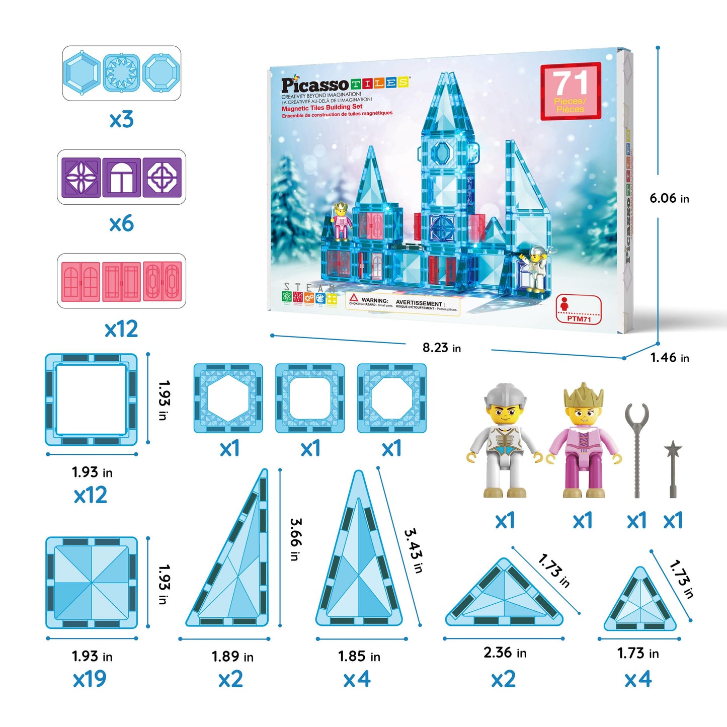 PicassoTiles 71pc Mini Diamond Series Winter Ice Theme Magnetic Tile Building Blocks PTM71 | Travel-Size STEM Toy