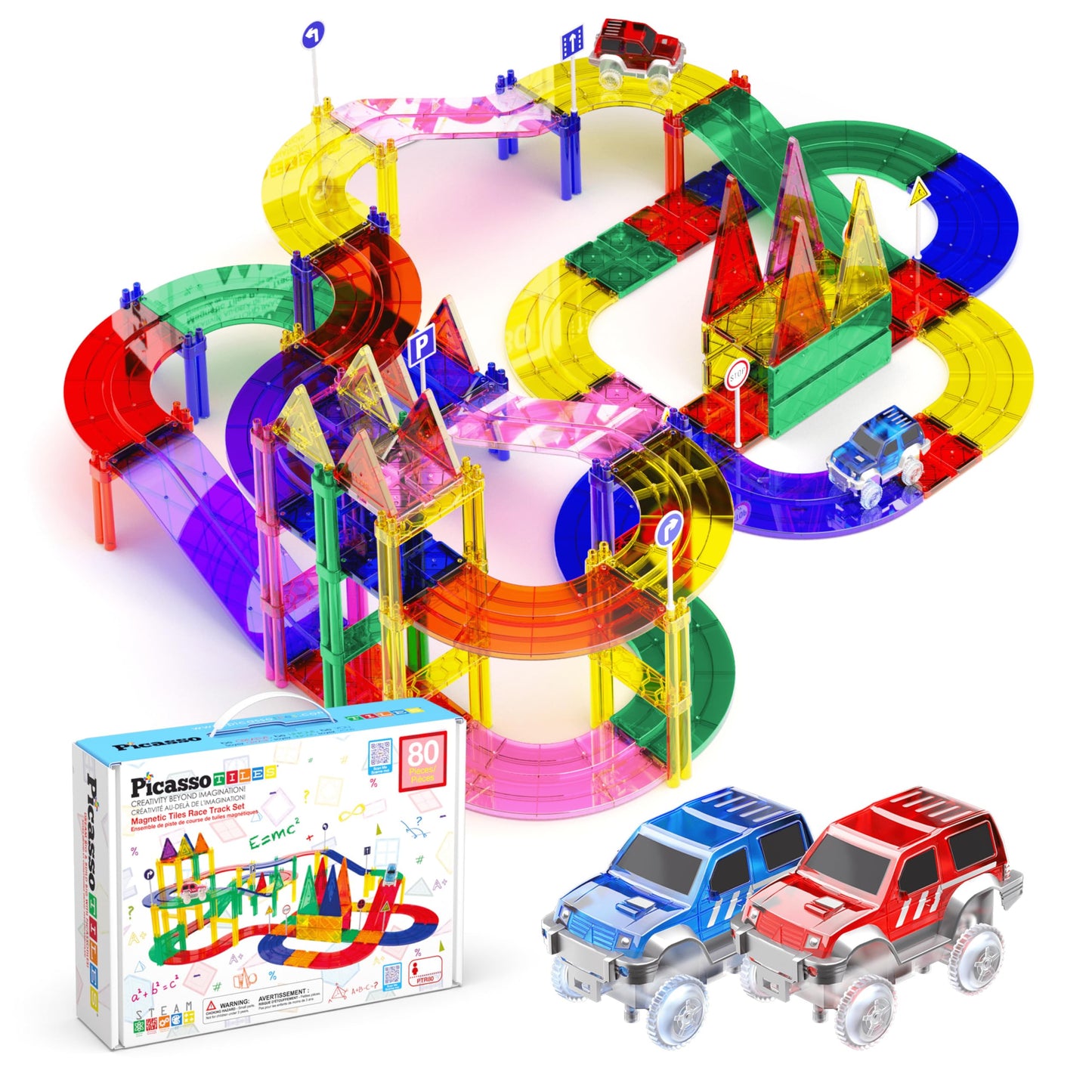 PicassoTiles 80pc Race Car Track – Magnetic Tiles STEM Toy with 2 Light-Up Cars