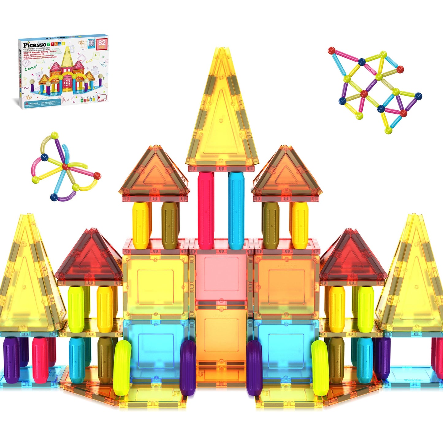 PicassoTiles 82-Piece Magnetic Tiles & Sticks – STEM Building Toy for Kids 3+