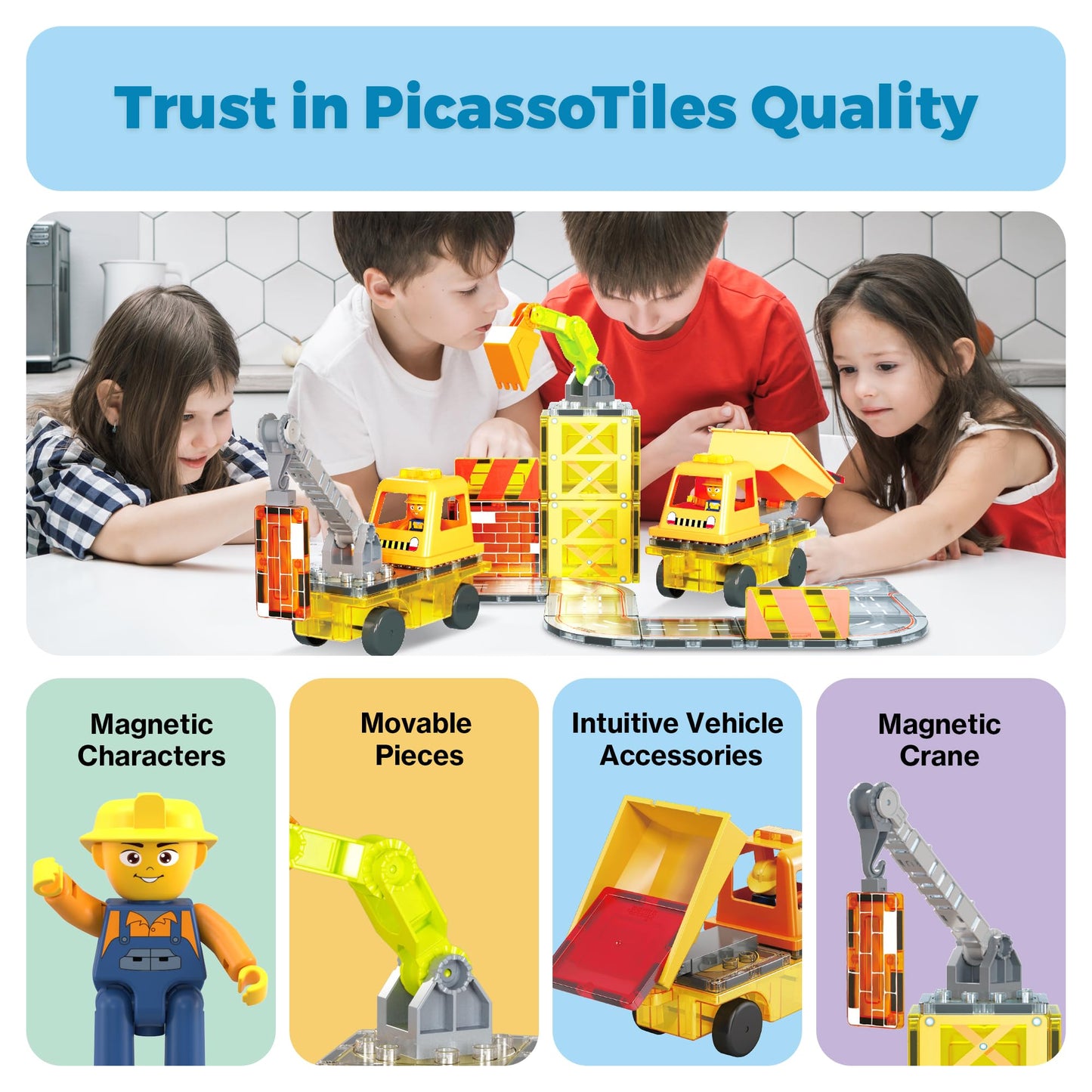 PicassoTiles 5-in-1 Magnetic Construction Vehicle Set – Crane, Ladder, Dump Truck, Excavator & Backhoe (Ages 3+)