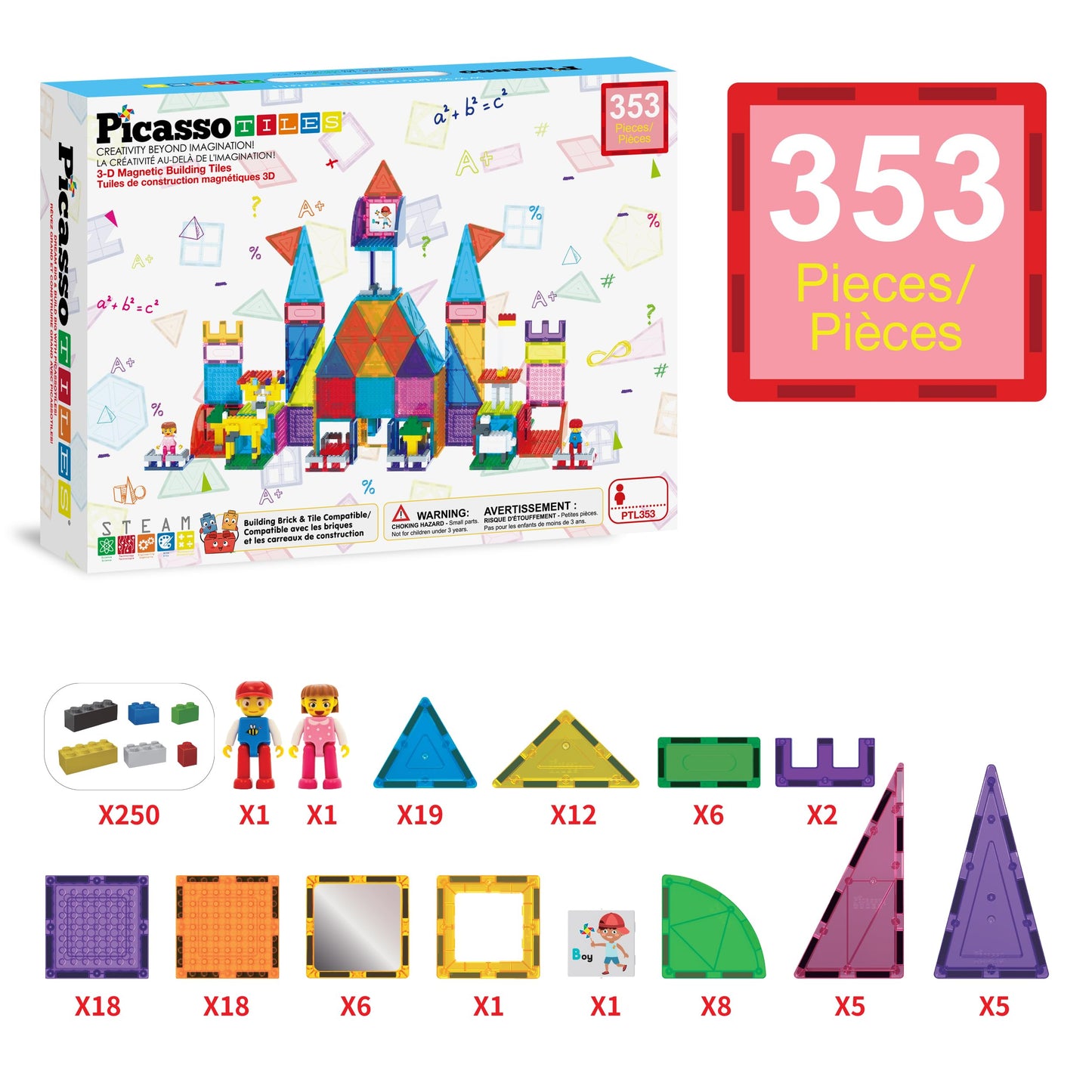 PicassoTiles 353pc Magnetic Brick & Magnet Tile Combo Set – STEM Building Kit for Kids 3+ | PTL353