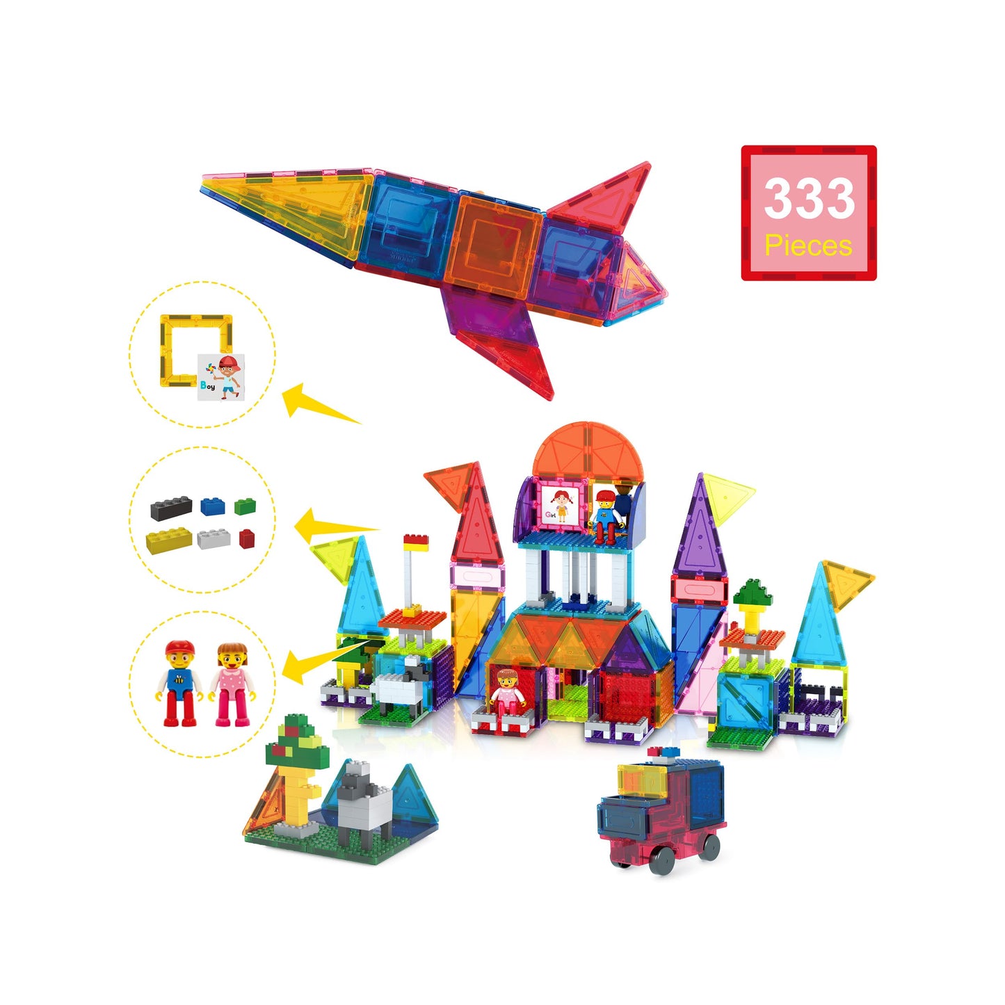PicassoTiles 333pcs Magnetic Brick Tile Set & Magnetic Tile Combo – STEM Toys for Kids