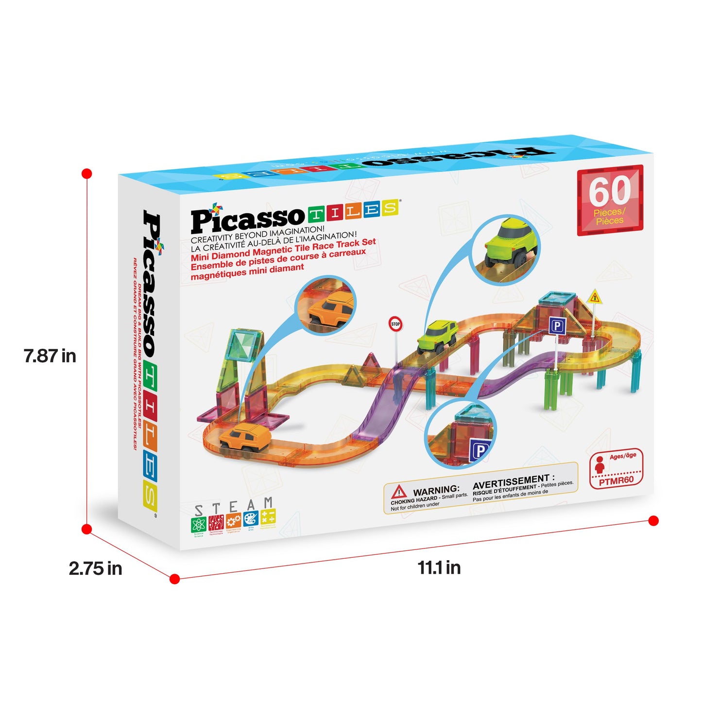 PicassoTiles 60pc Magnetic Race Car Track Set – STEM Building Blocks for Kids