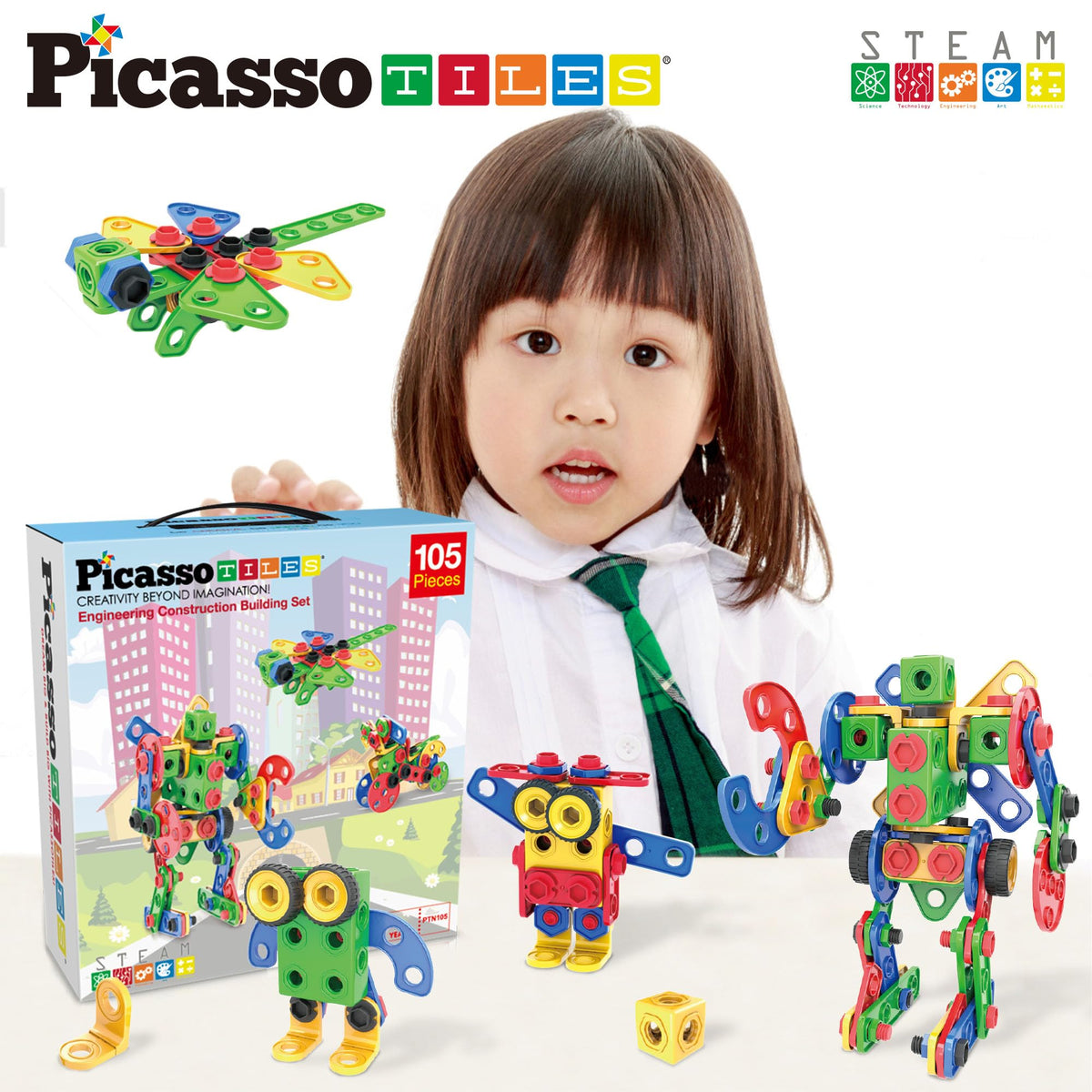 PicassoTiles 105-Piece STEM Building Set for Kids 3+ | Construction Kit with Idea Book & Power Drill