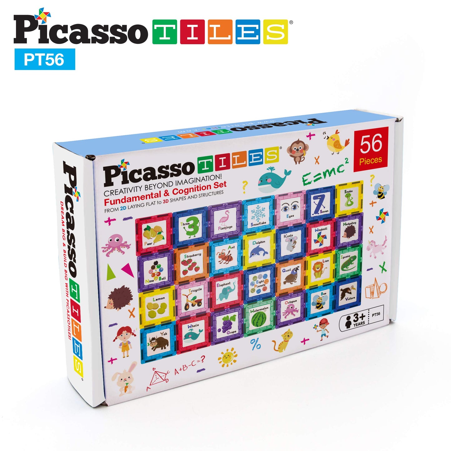 PicassoTiles 56-Piece Magnetic Building Blocks with Graphic Inserts | STEM Learning Kit