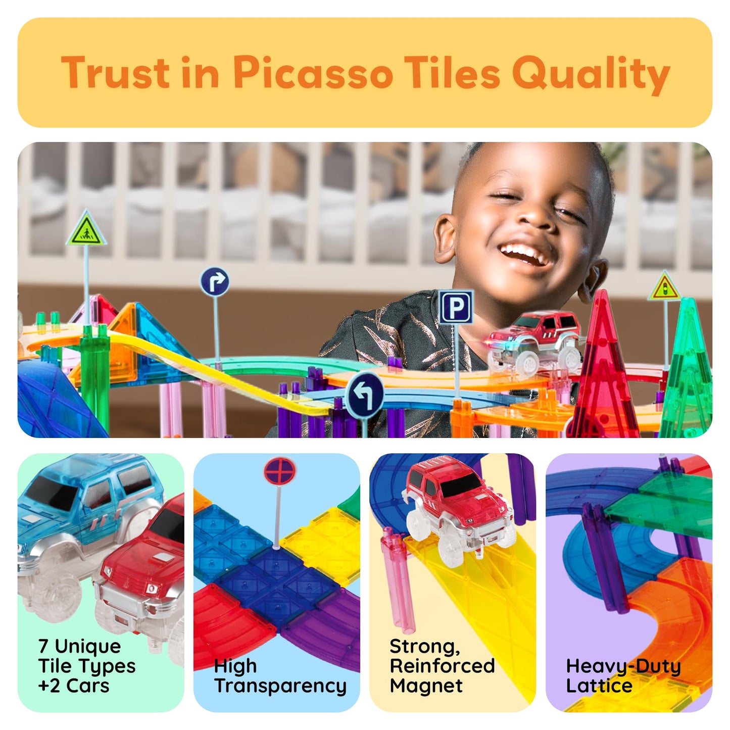 PicassoTiles 128-Piece Magnetic Race Car Track | LED Cars, STEM Learning Toy for Kids 3+