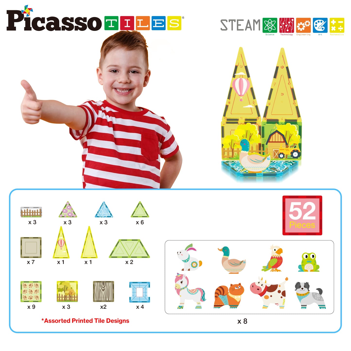 PicassoTiles Magnetic Farm Animal Playset – 52-Piece STEM Construction Toy for Kids 3+