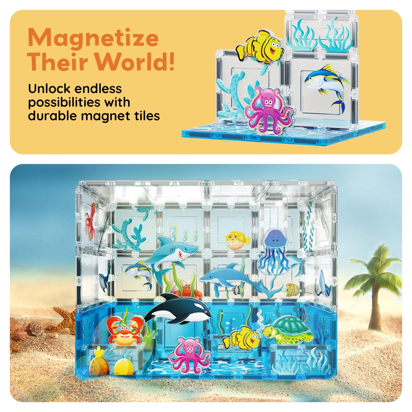 PicassoTiles Aquarium Magnet Tiles Set — 44 Magnetic Blocks & 8 Marine Figures | STEM Toy for Ages 3+