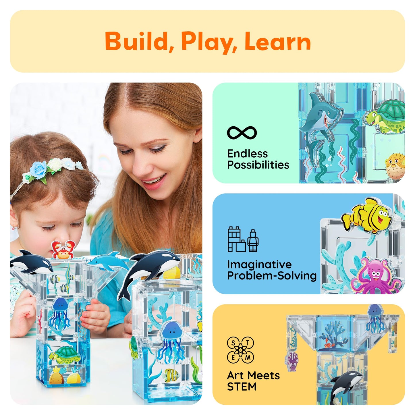 PicassoTiles Aquarium Magnet Tiles Set — 44 Magnetic Blocks & 8 Marine Figures | STEM Toy for Ages 3+
