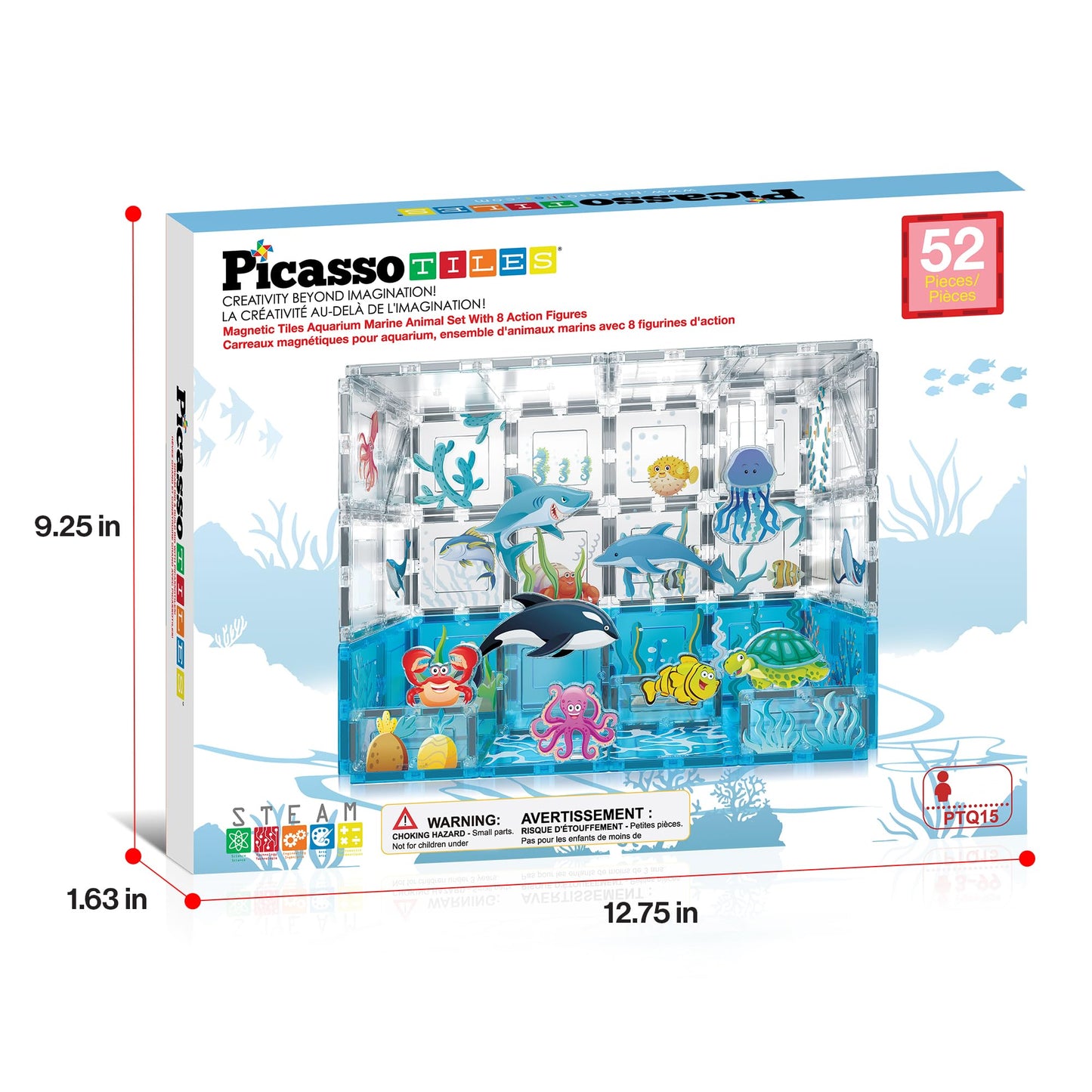 PicassoTiles Aquarium Magnet Tiles Set — 44 Magnetic Blocks & 8 Marine Figures | STEM Toy for Ages 3+