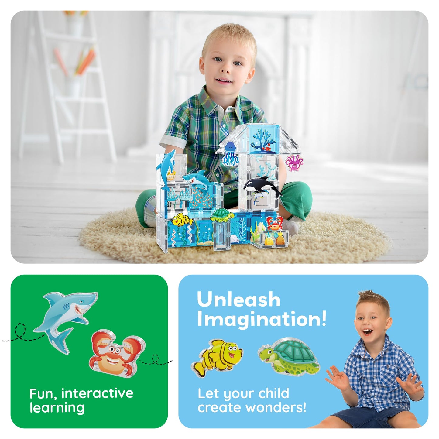 PicassoTiles Aquarium Magnet Tiles Set — 44 Magnetic Blocks & 8 Marine Figures | STEM Toy for Ages 3+