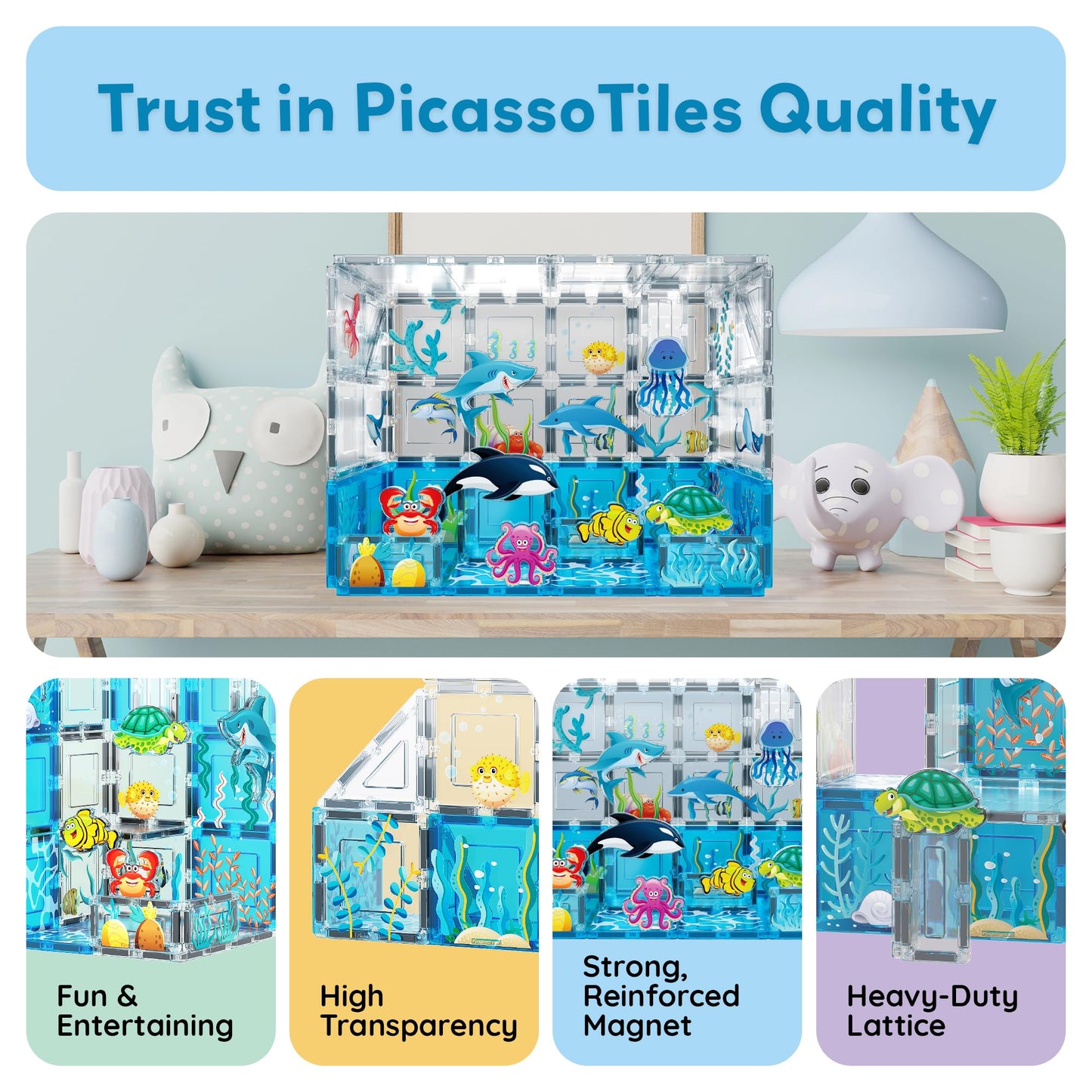 PicassoTiles Aquarium Magnet Tiles Set — 44 Magnetic Blocks & 8 Marine Figures | STEM Toy for Ages 3+