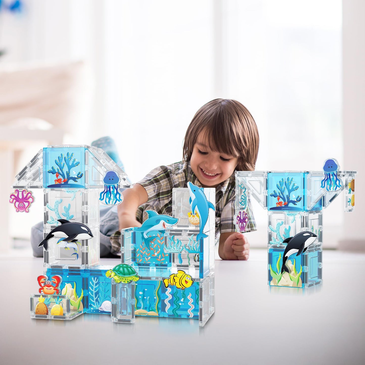 PicassoTiles Aquarium Magnet Tiles Set — 44 Magnetic Blocks & 8 Marine Figures | STEM Toy for Ages 3+