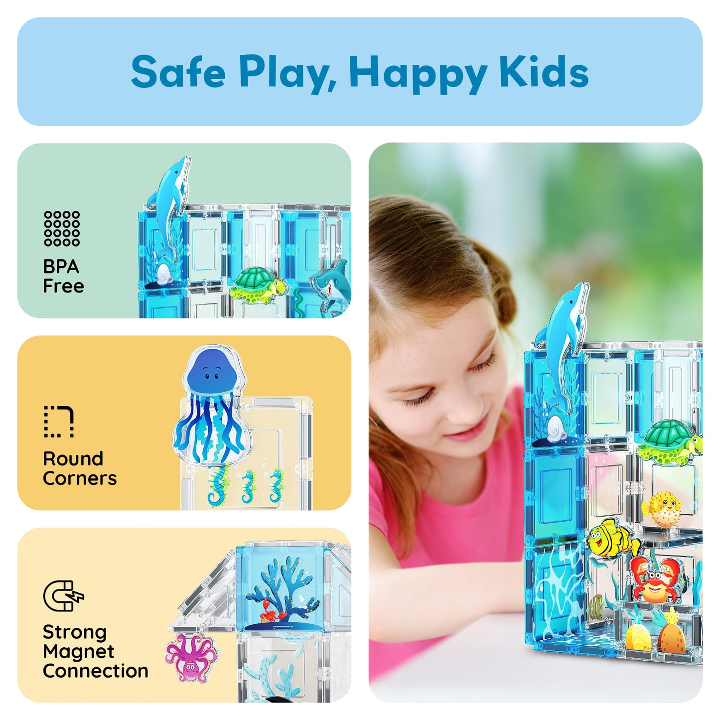 PicassoTiles Aquarium Magnet Tiles Set — 44 Magnetic Blocks & 8 Marine Figures | STEM Toy for Ages 3+