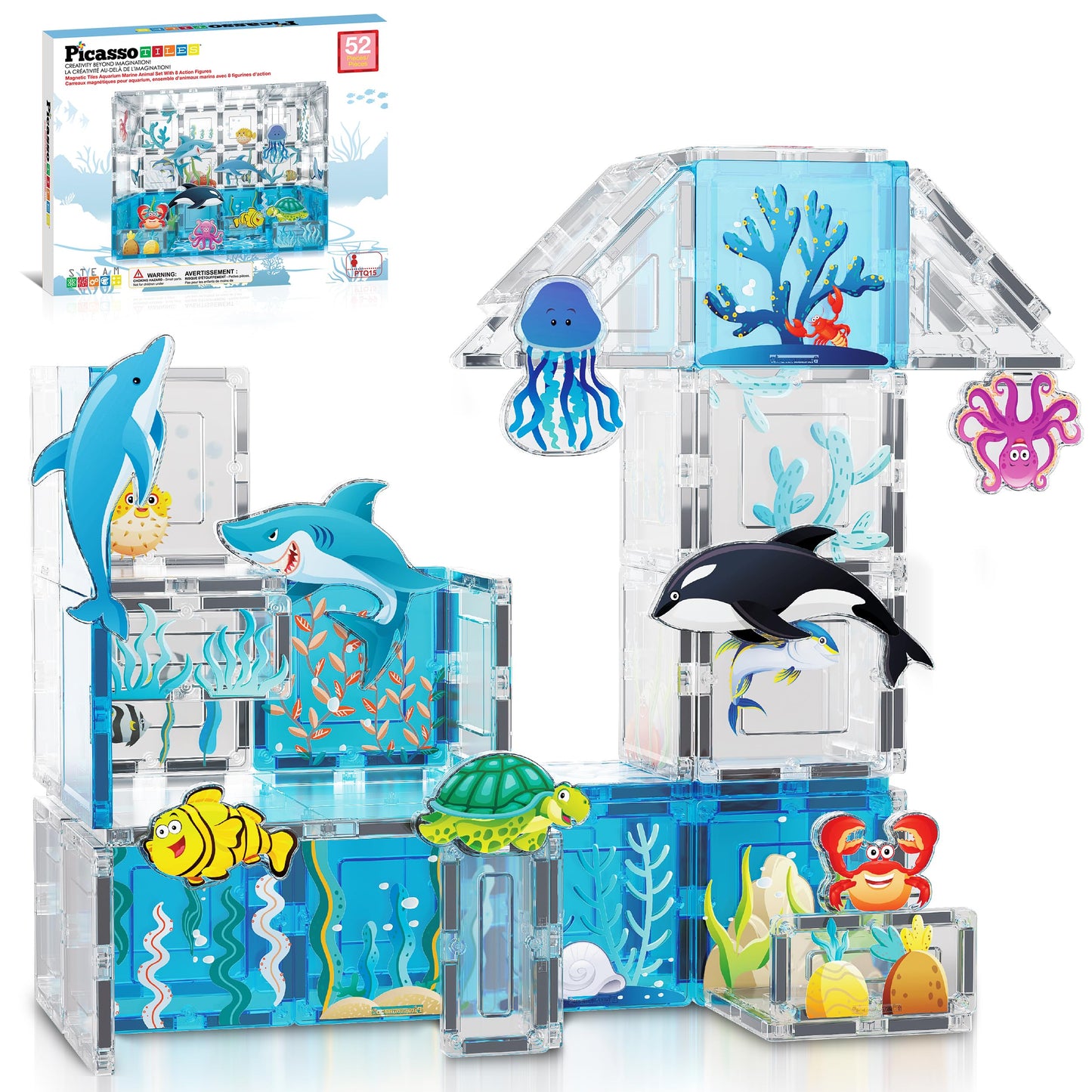 PicassoTiles Aquarium Magnet Tiles Set — 44 Magnetic Blocks & 8 Marine Figures | STEM Toy for Ages 3+