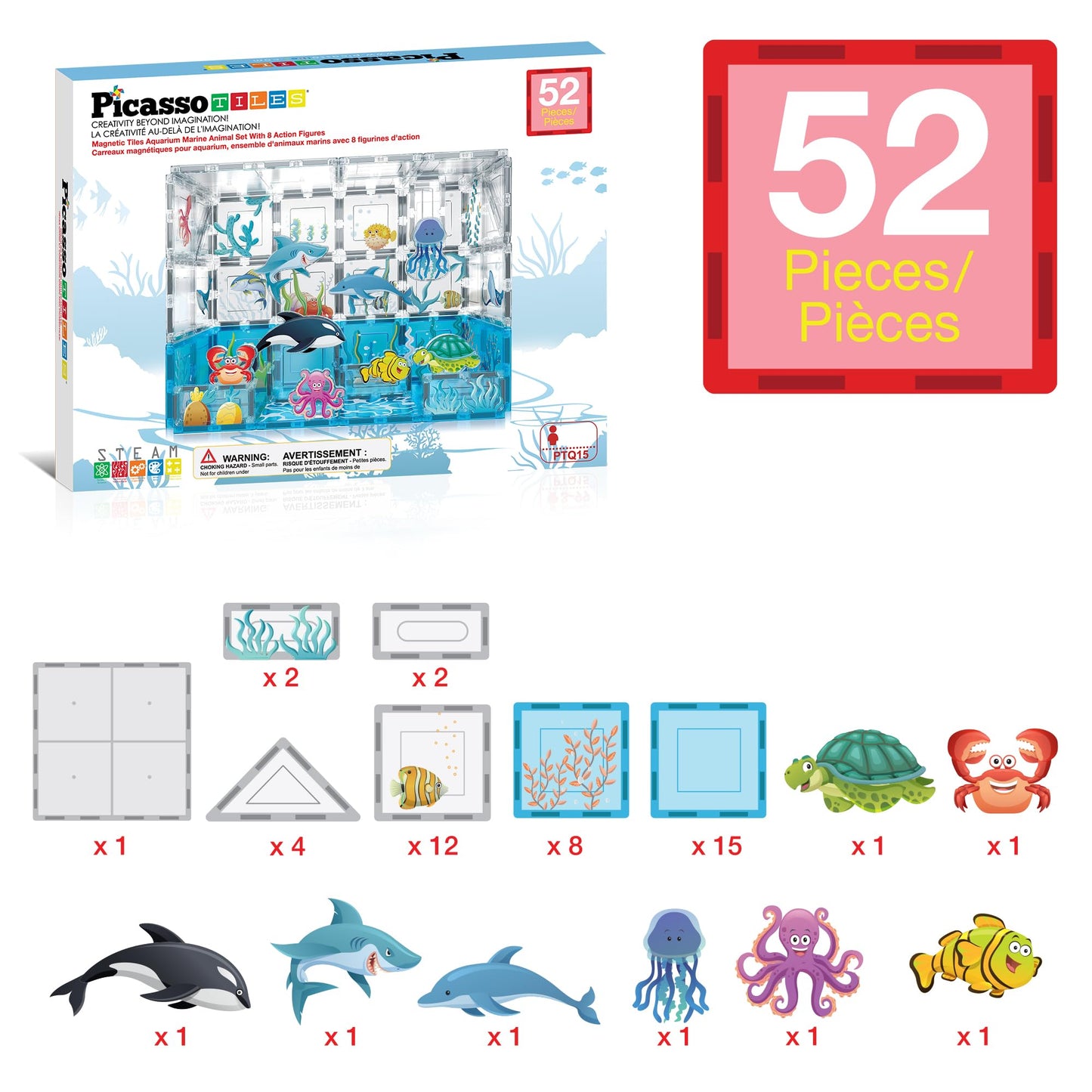 PicassoTiles Aquarium Magnet Tiles Set — 44 Magnetic Blocks & 8 Marine Figures | STEM Toy for Ages 3+