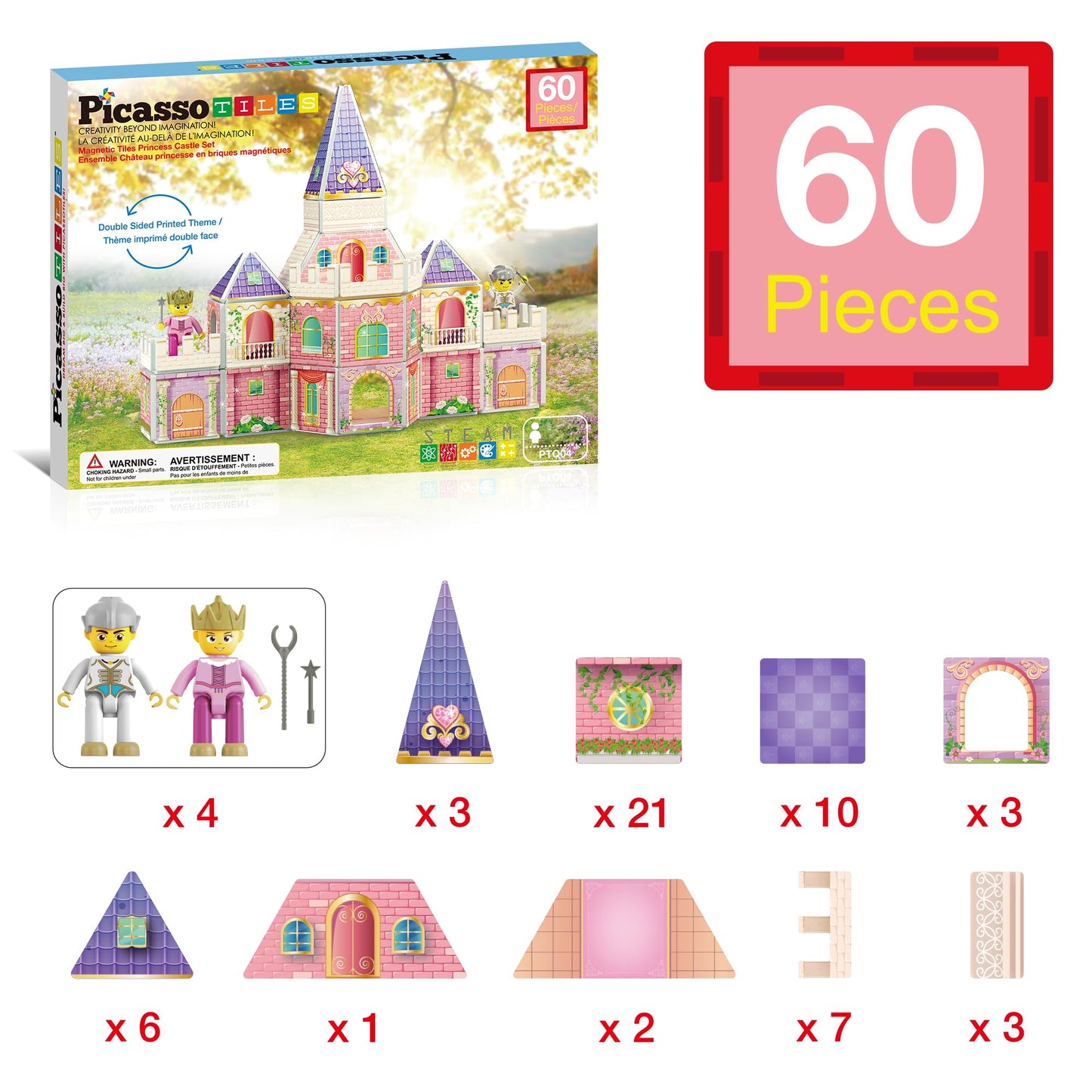 PicassoTiles 60pc Magnetic Princess Castle Building Set – STEM Toy for Ages 3–8 (PTQ04)