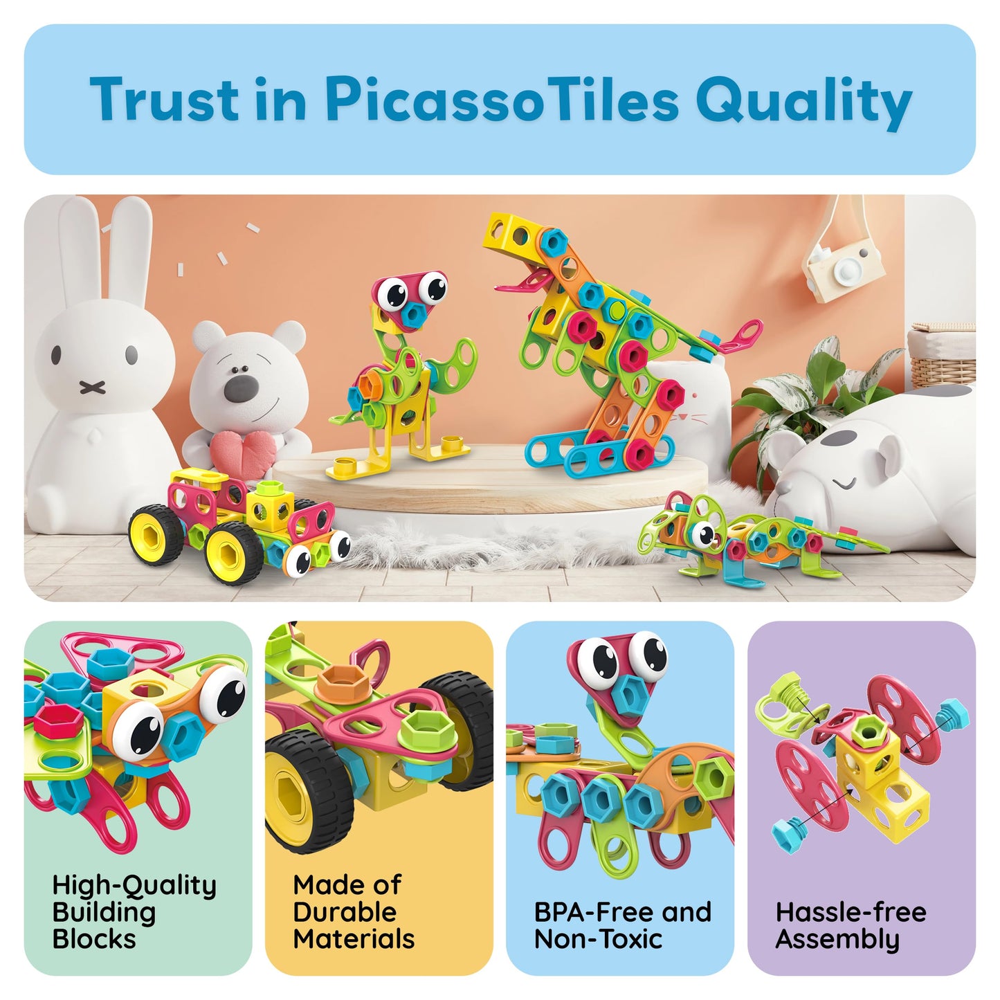 PicassoTiles STEM 250-Piece Building Block Kit for Kids – Construction & Engineering Playset