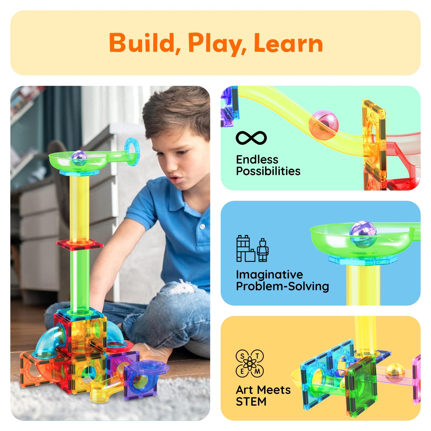 PicassoTiles 8pc Marbles – Magnetic Track Tiles STEM Toy for Kids 3+
