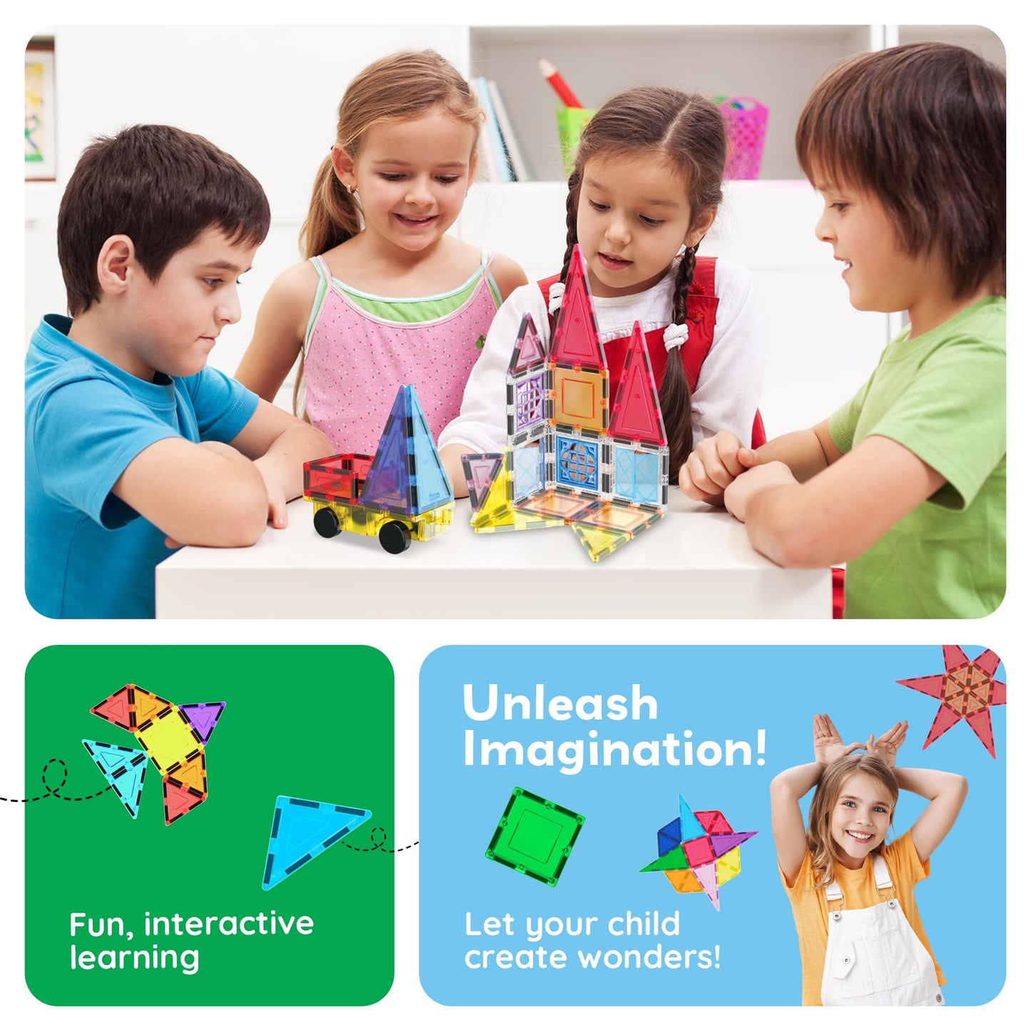 PicassoTiles 61-Piece Magnetic Tiles - STEM Building Blocks for Kids 3-12