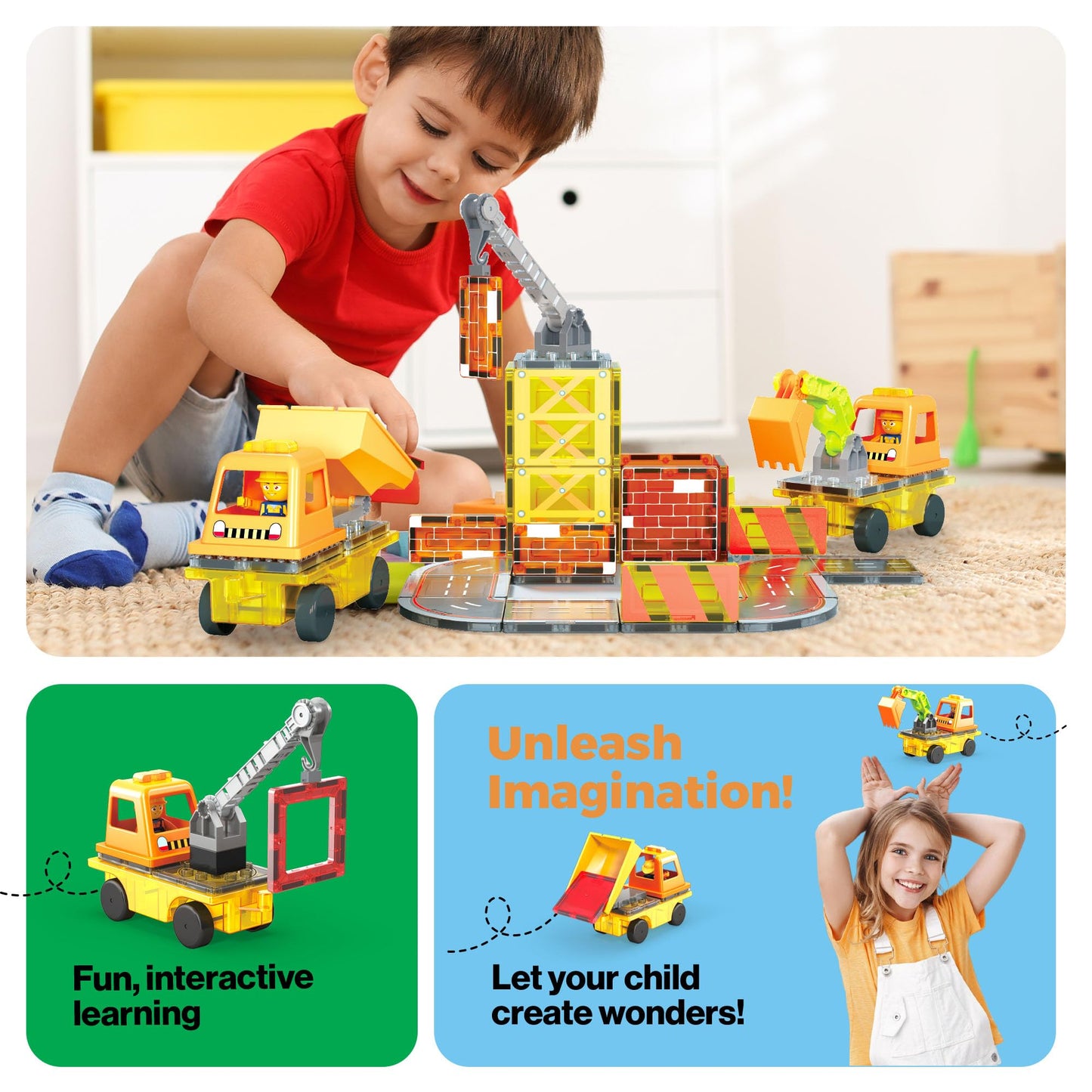PicassoTiles 5-in-1 Magnetic Construction Vehicle Set – Crane, Ladder, Dump Truck, Excavator & Backhoe (Ages 3+)
