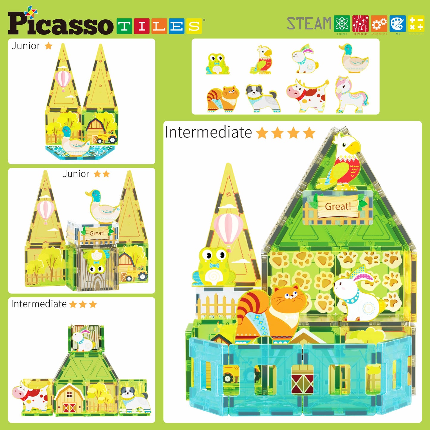 PicassoTiles Magnetic Farm Animal Playset – 52-Piece STEM Construction Toy for Kids 3+