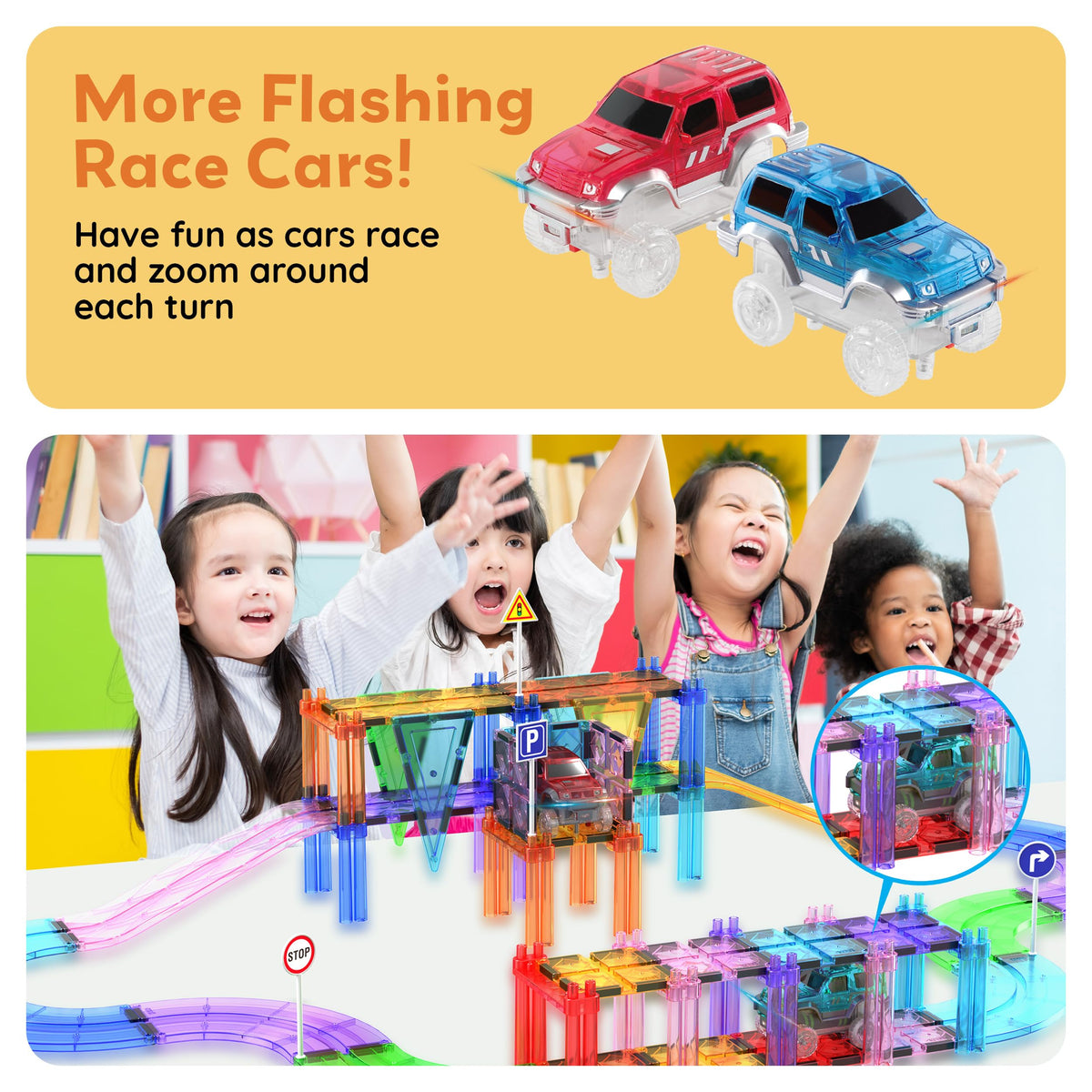 PicassoTiles 2pcs LED Magnetic Car Set – Compatible with Magnet Race Tracks | STEM Toy for Toddlers 3+