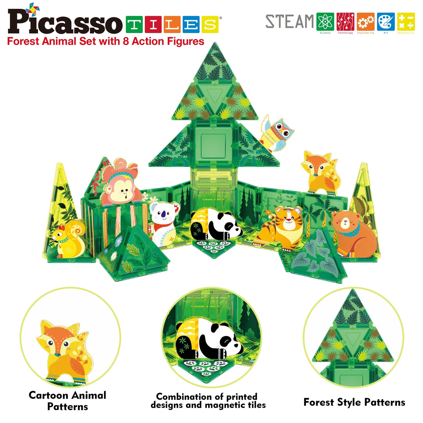 PicassoTiles Forest Animal Magnet Tile Set with 8 Figures – STEM Learning Toy PTQ16