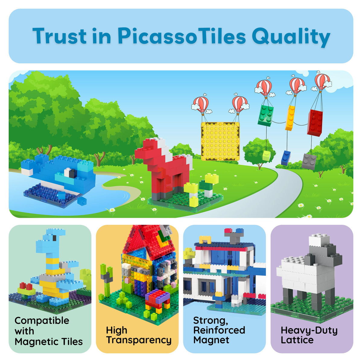 PicassoTiles Magnetic Brick Tile 259pcs – STEM Building Set Compatible with Major Brick Systems