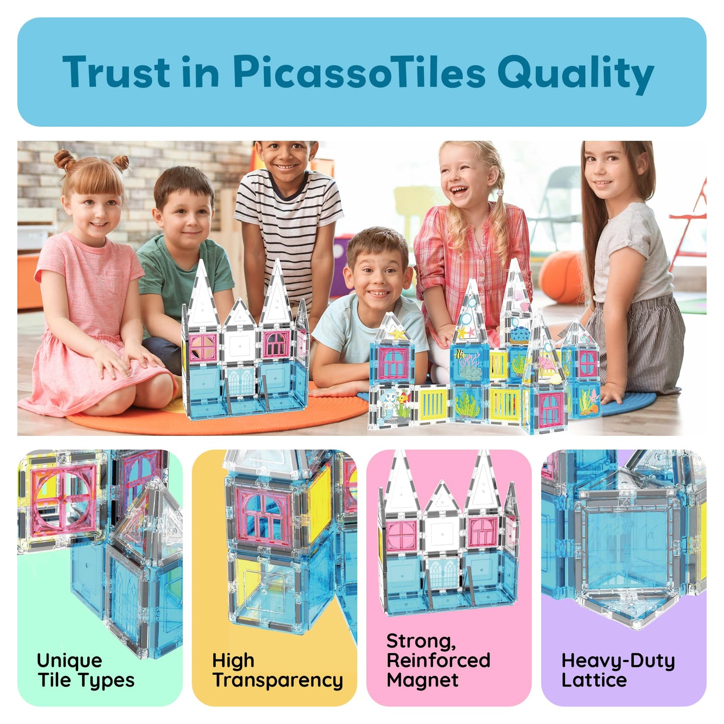PicassoTiles Mermaid Theme Magnetic Tiles – 50 Piece STEM Building Set for Kids 3+
