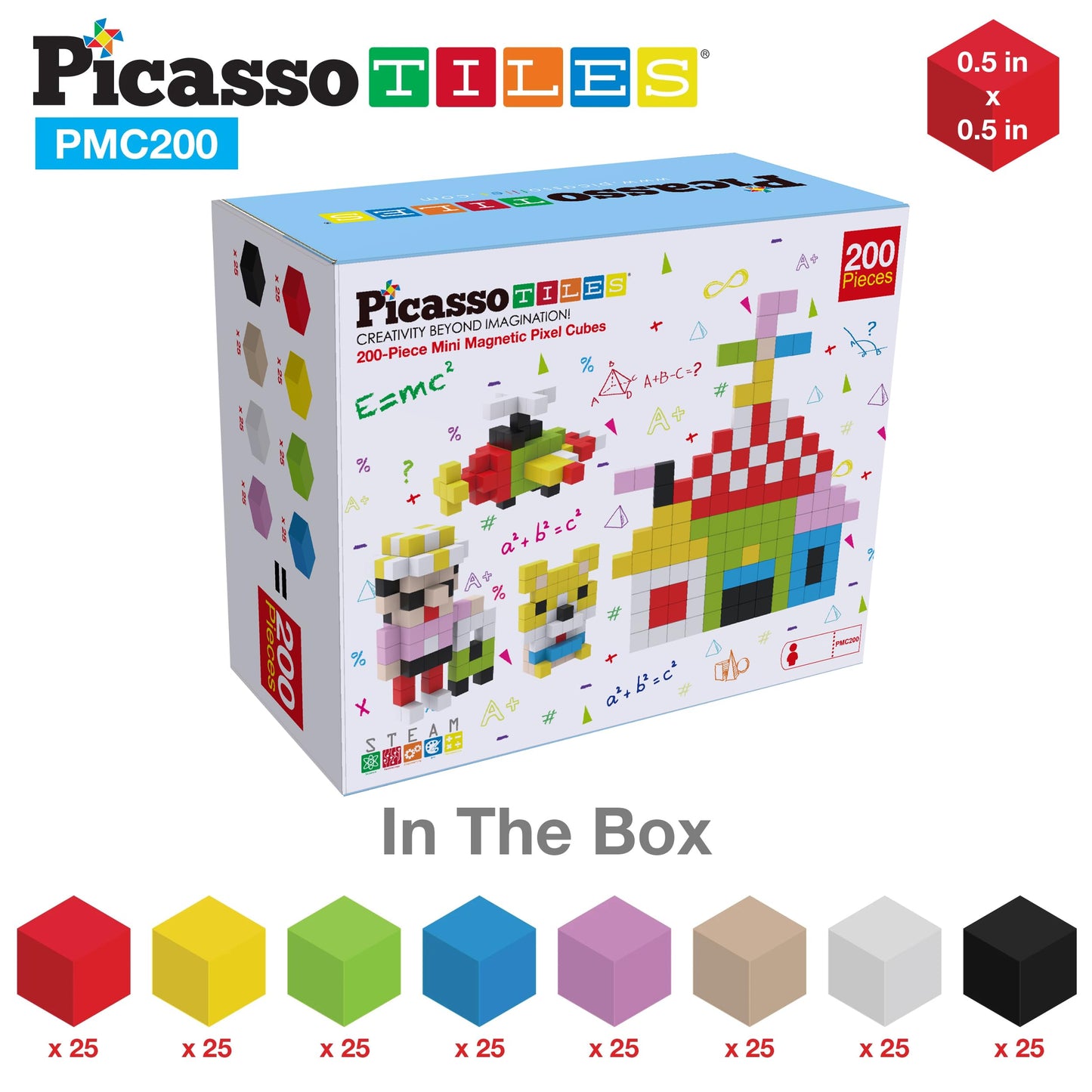 PicassoTiles 0.5-inch Pixel Magnetic Puzzle Cubes – 200-Piece STEM Building Toy