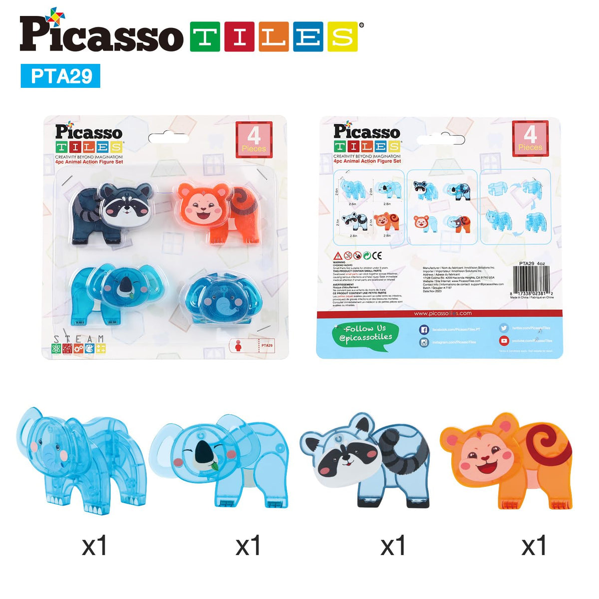 PicassoTiles Animal Friends Magnetic Tile Action Figures – Mix & Match STEM Toy for Ages 3+ PTA29