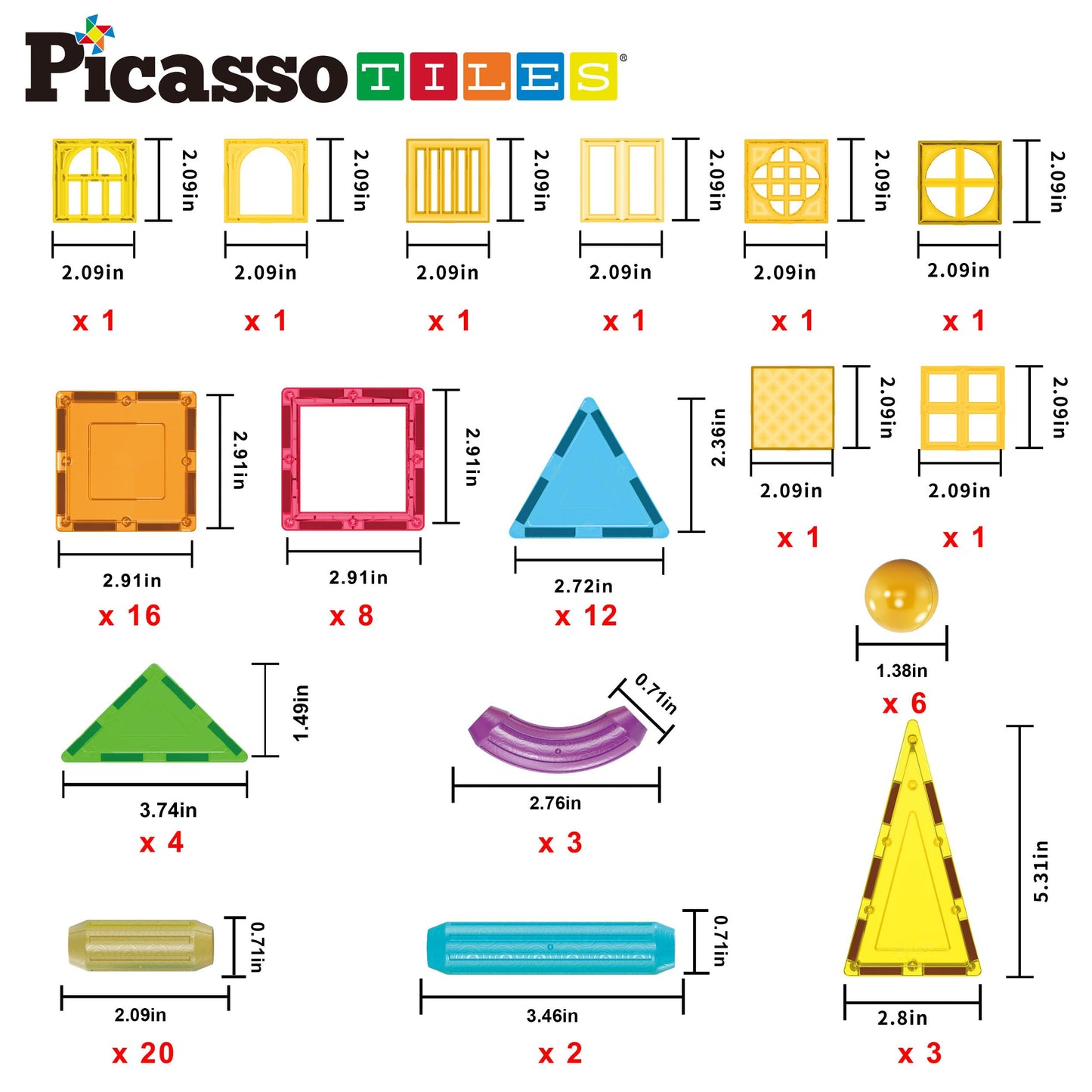 PicassoTiles 82-Piece Magnetic Tiles & Sticks – STEM Building Toy for Kids 3+
