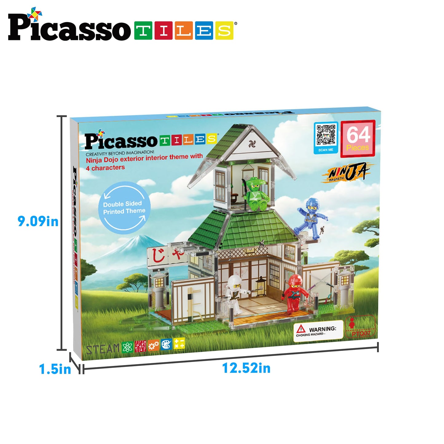 PicassoTiles Ninja Dojo House Magnet Tile Set – 64-Piece STEM Playset with 4 Ninja Figures (Ages 3+) PTQ07