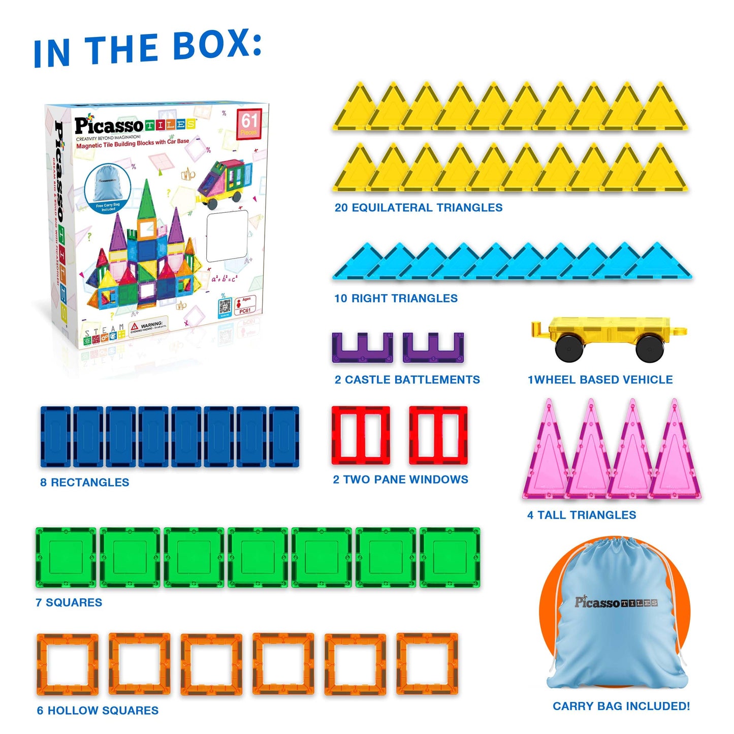 PicassoTiles Magnet Tile Building Blocks with Car Base & Drawstring Bag – 61 Pc STEM Toy (Ages 3+)