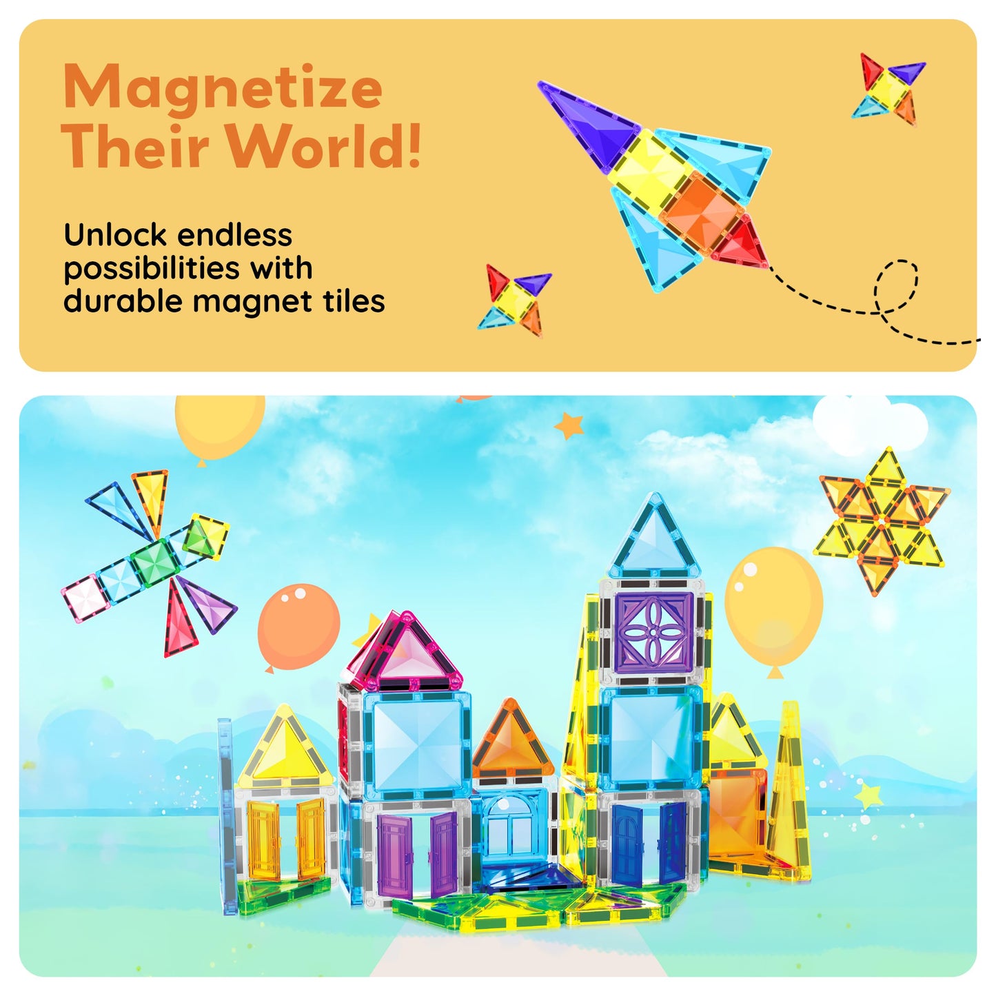 PicassoTiles 48-Piece Travel Magnet Tile Set with Doors & Windows | STEM Toy